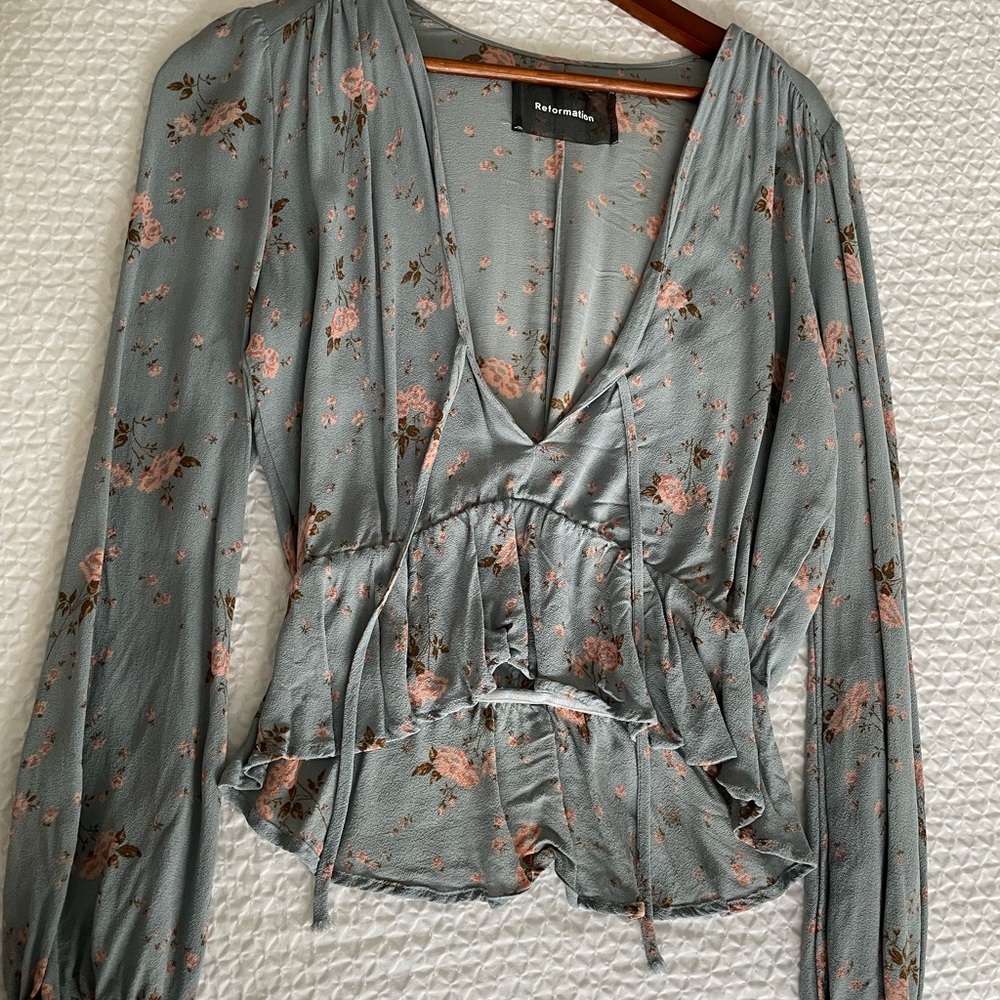Reformation floral blue blouse